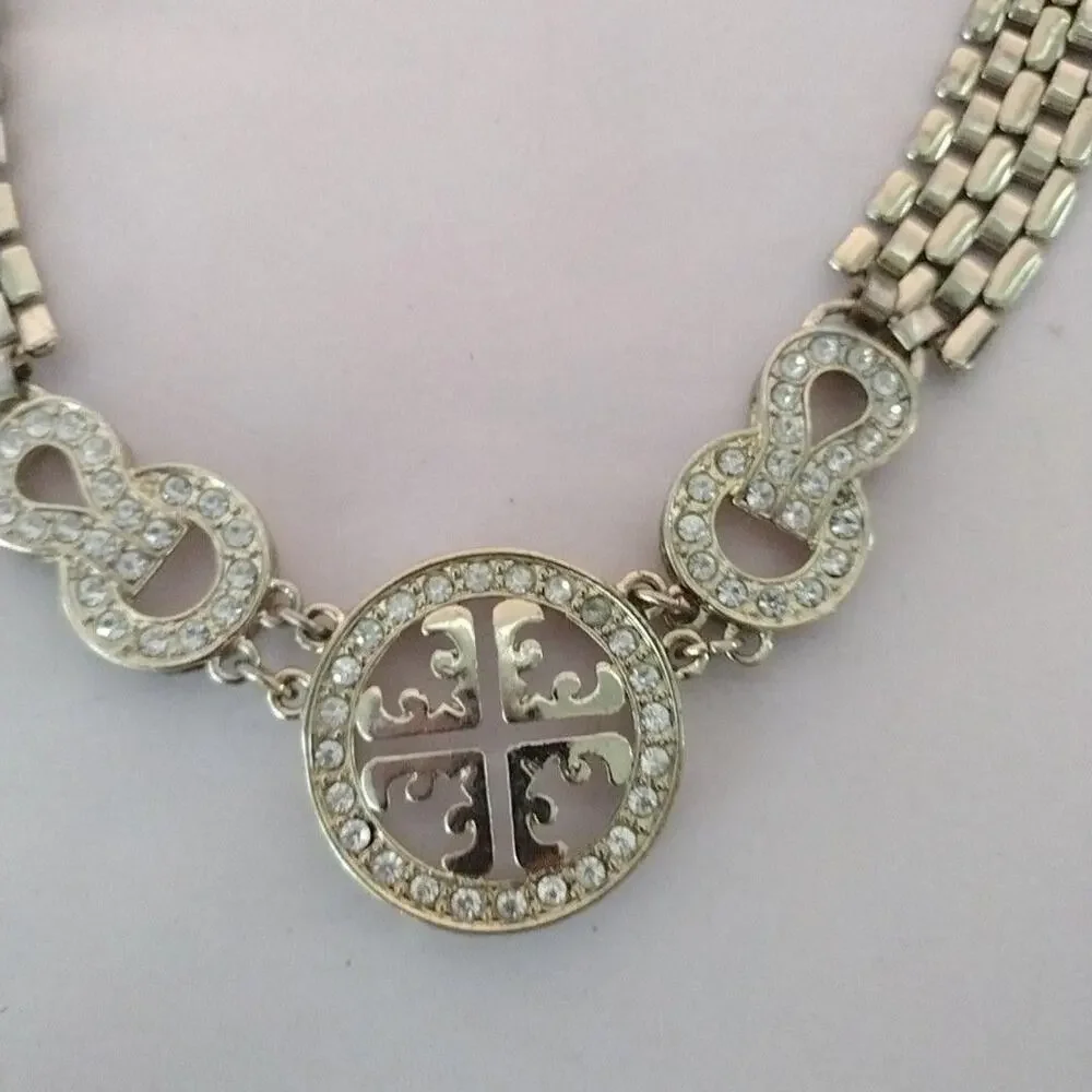 Necklace Gold Tone Rhinestone Cross Medallion Collar Statement Box Clasp Womens